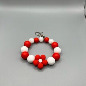 Red and White Beaded Bracelet with Flower Charm - Handmade K0250C